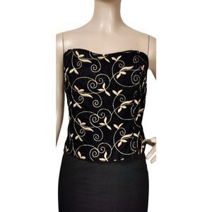 Vintage Black Velvet Metallic Gold Embroidered Strapless Bustier Cocktail Party